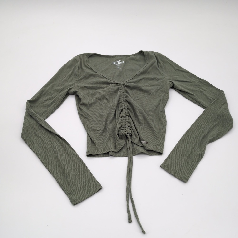 Hollister Ruched Front Crop Top Size S Olive Green Long Sleeve Drawstring Ribbed - Picture 1 of 8